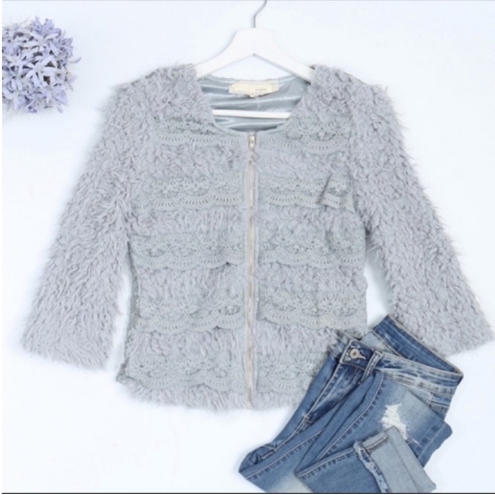Lace Inlay Fuzzy Jacket